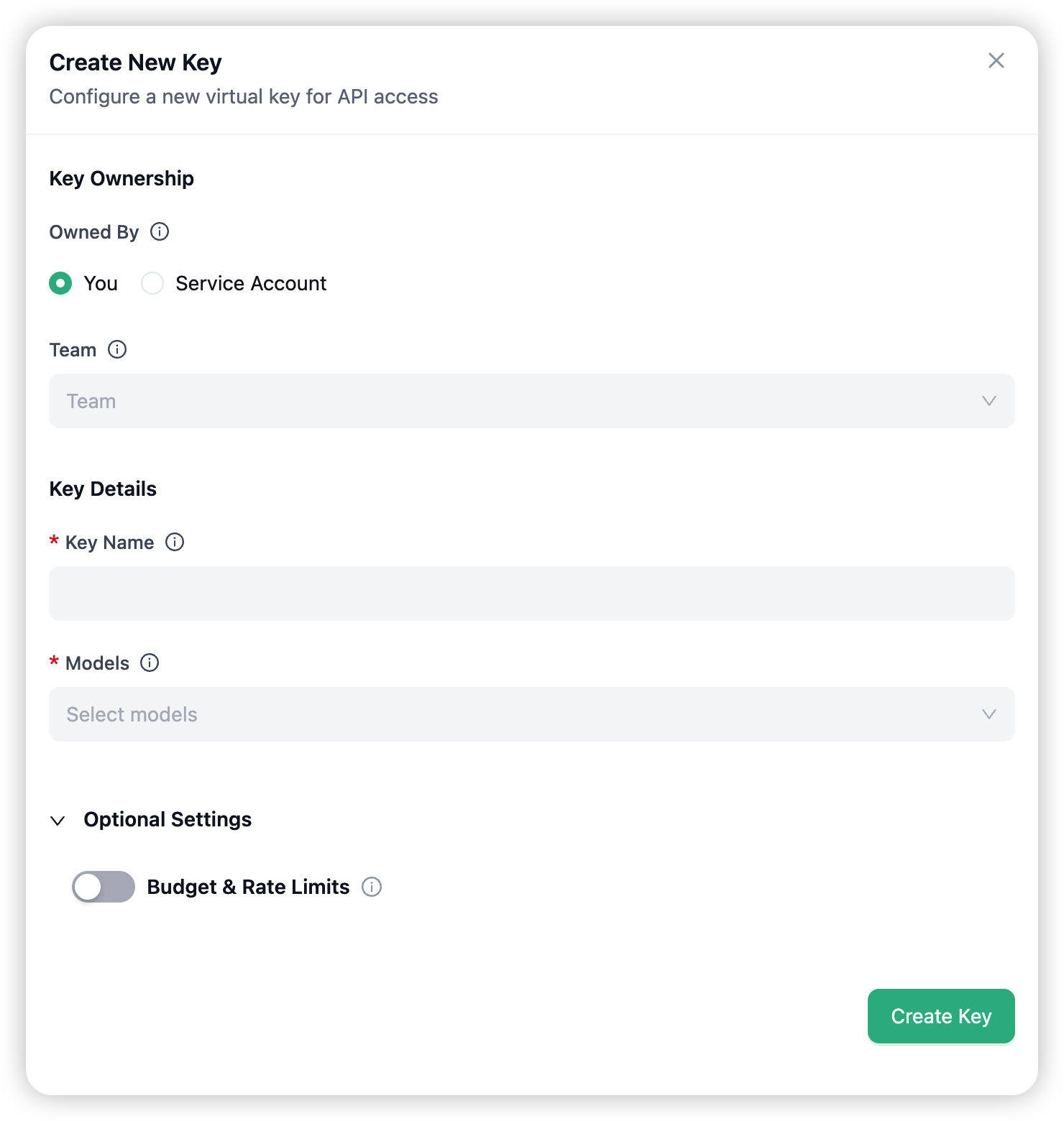 Create New Key drawer, then the Save-your-key dialog with the sk-… secret
