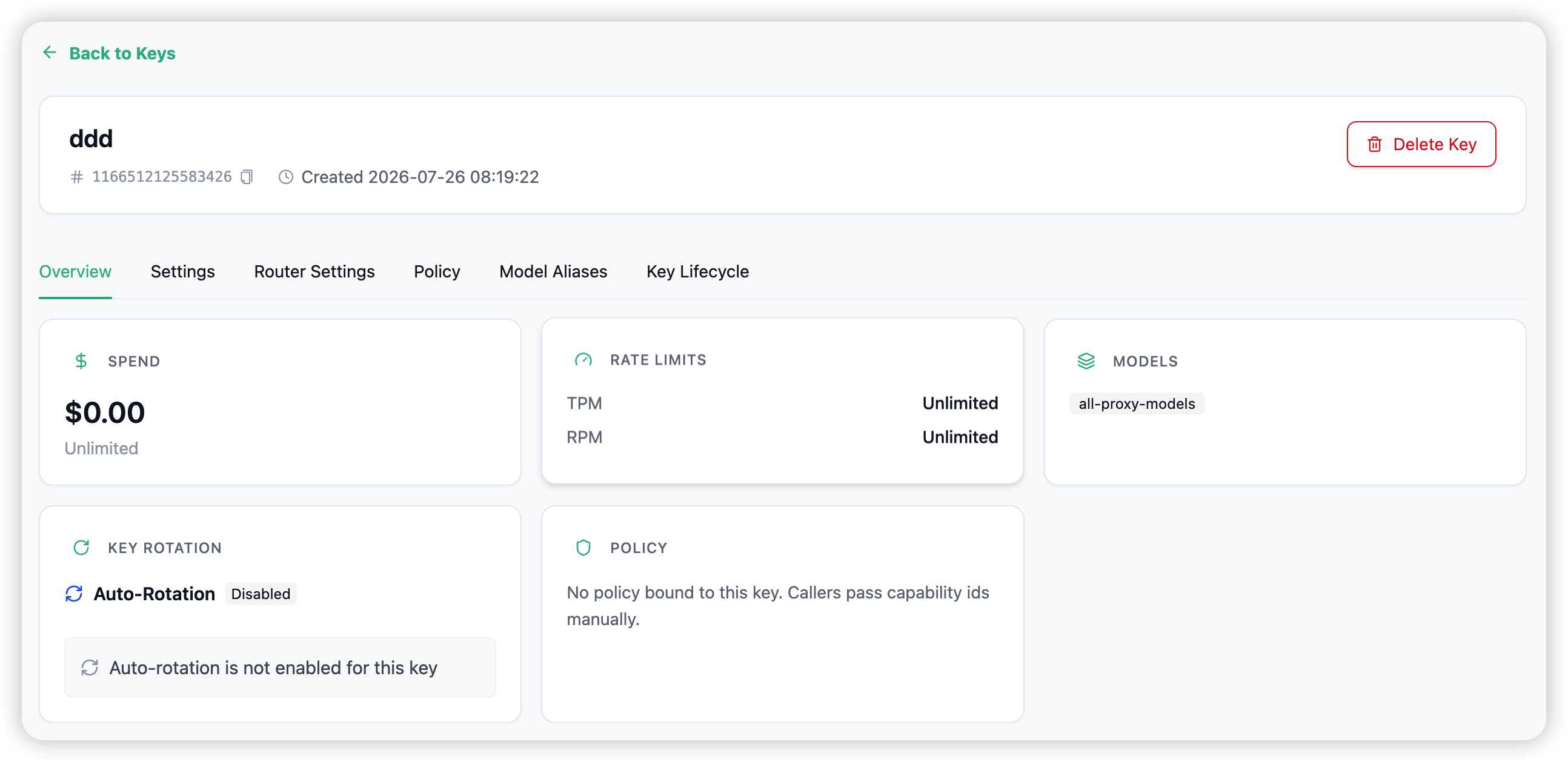 Key detail — the six tabs: Overview, Settings, Router Settings, Policy, Model Aliases, Key Lifecycle
