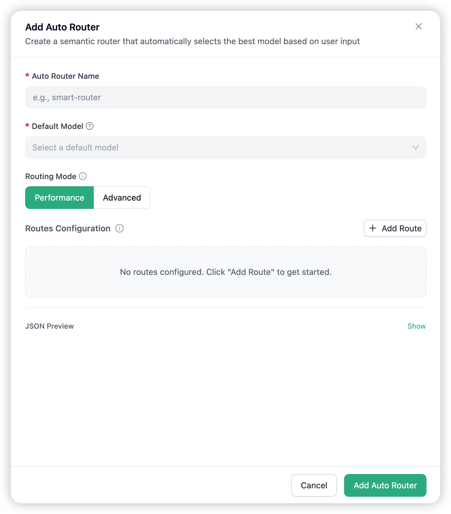The Add Auto Router drawer — name, default model, routing mode, and the route builder