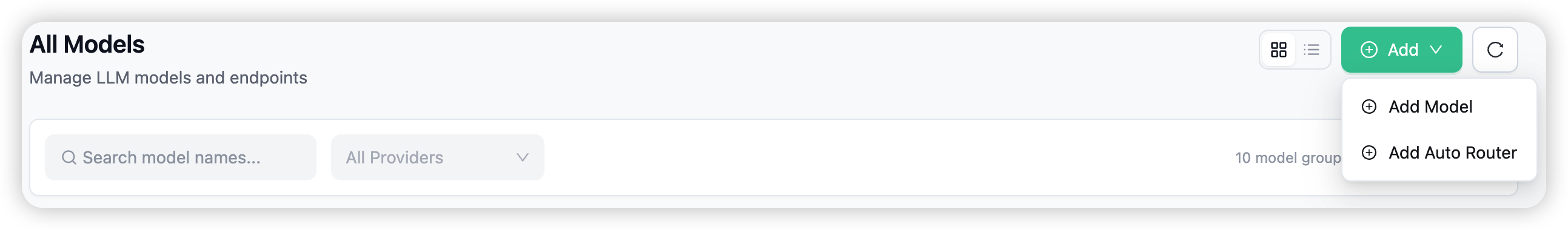 The Add menu on the Models & Endpoints page, with the Auto Router option