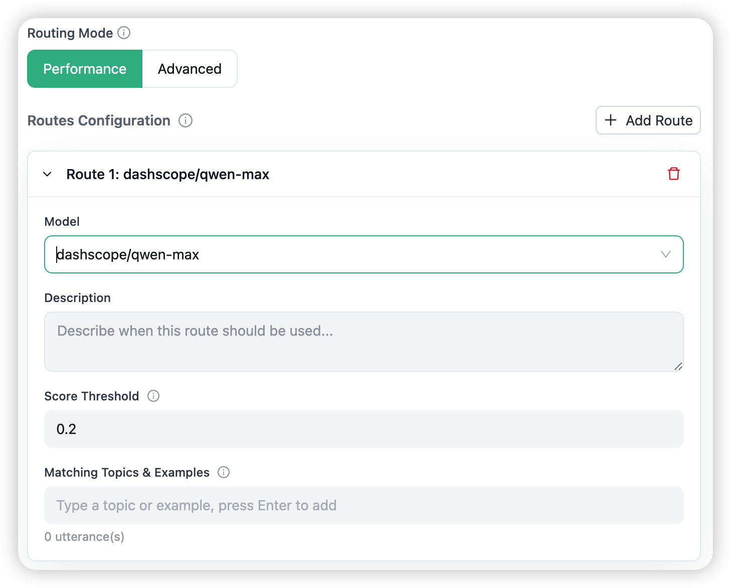 The route builder — model, description, utterances, score threshold, and a live JSON preview