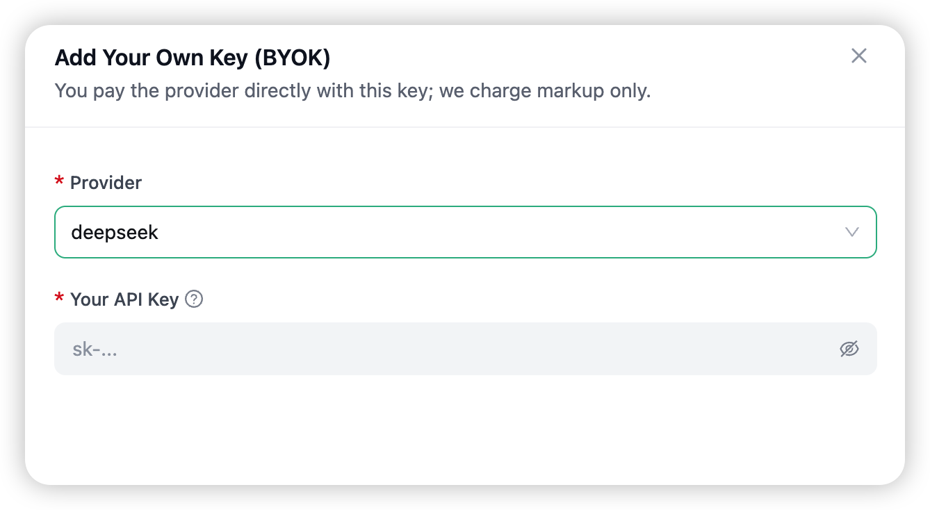 Add BYOK Key drawer — choose a provider and paste your API key