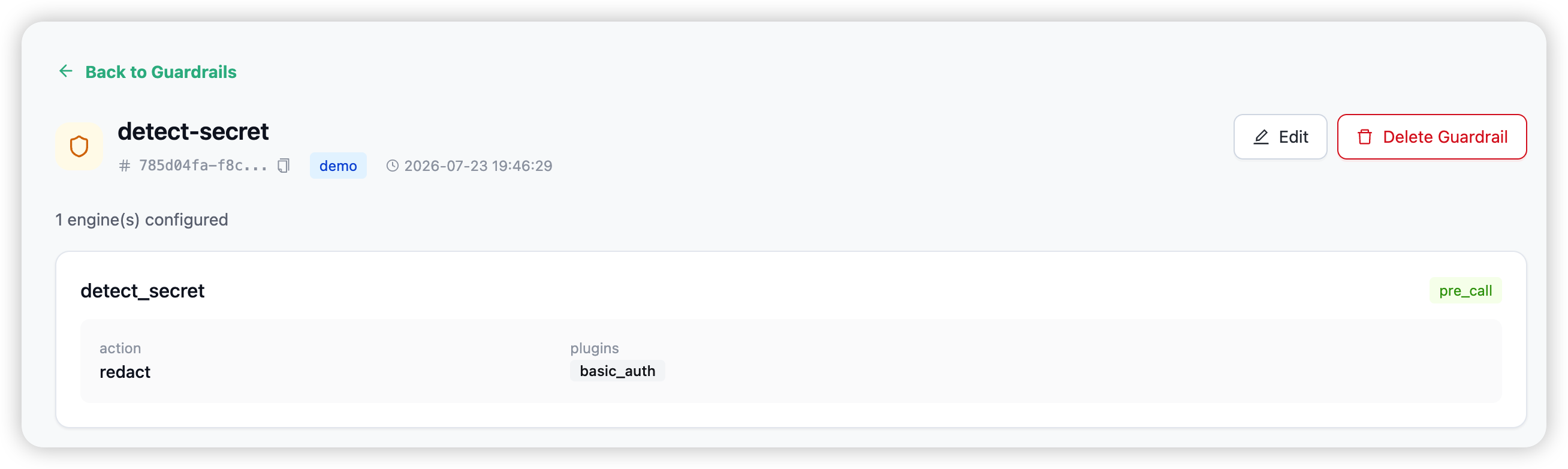 A guardrail detail view — engine cards with event-hook tags and config values