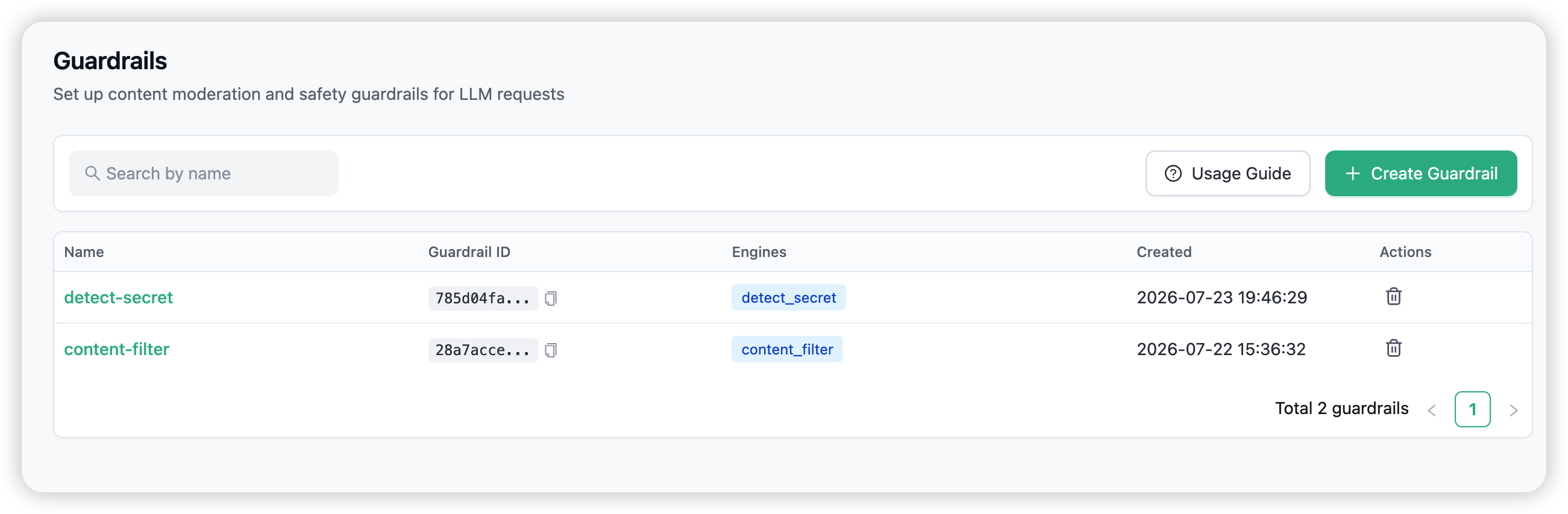 The Guardrails list page, with the Create Guardrail button