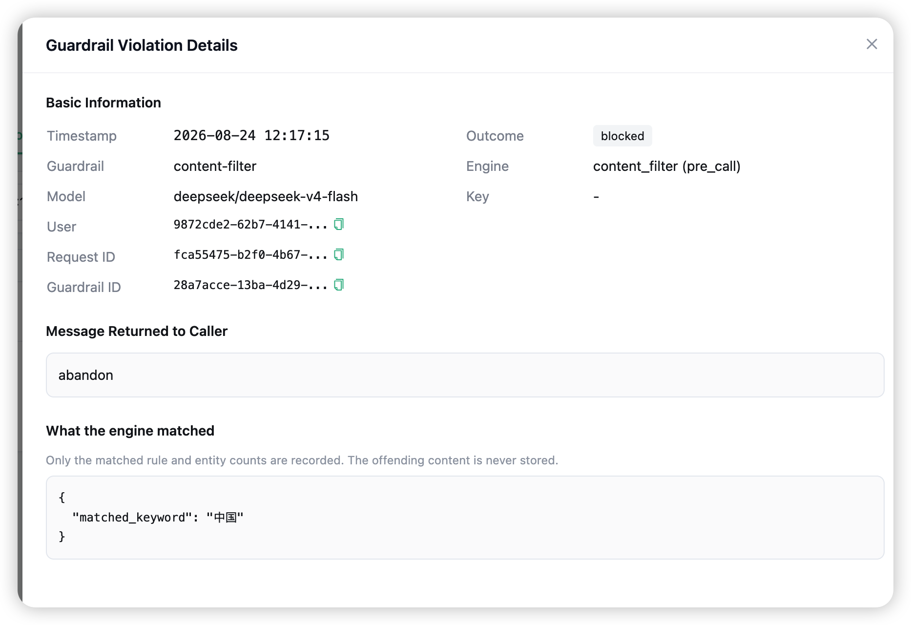 A violation detail drawer — guardrail, engine, caller, the message returned to the caller, and the matched entity counts