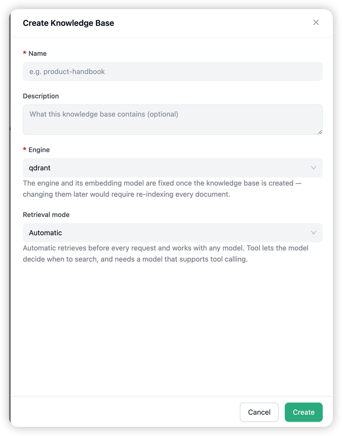 The Create Knowledge Base drawer — name, description, engine, and retrieval mode