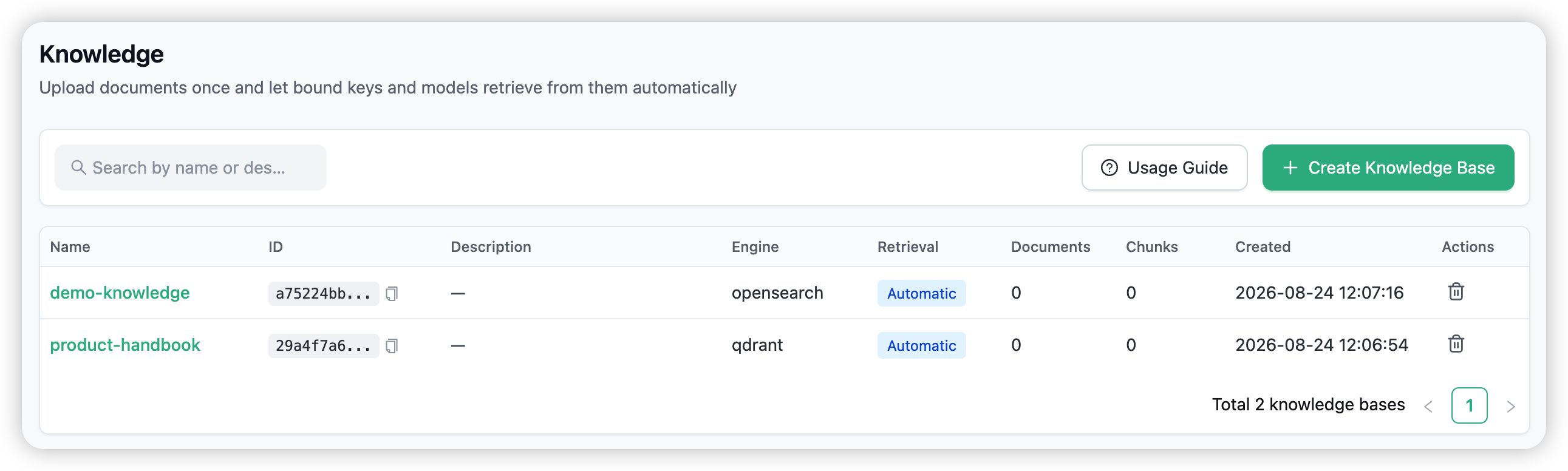 The Knowledge page — knowledge bases with engine, mode, document and chunk counts