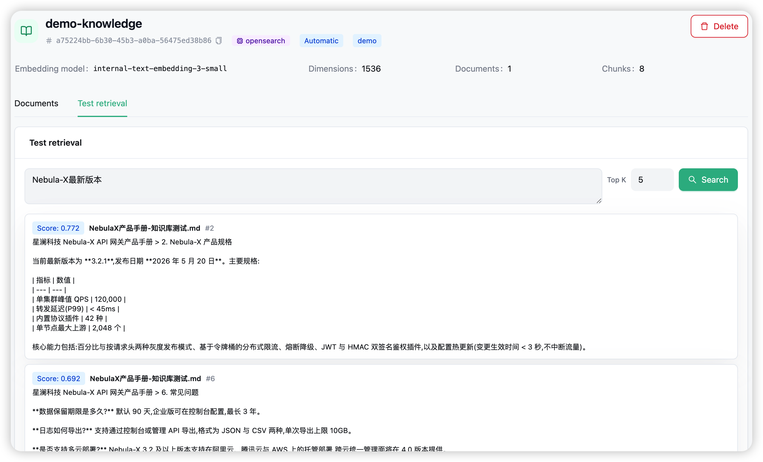 The Test retrieval tab — a query with scored chunks from the indexed documents