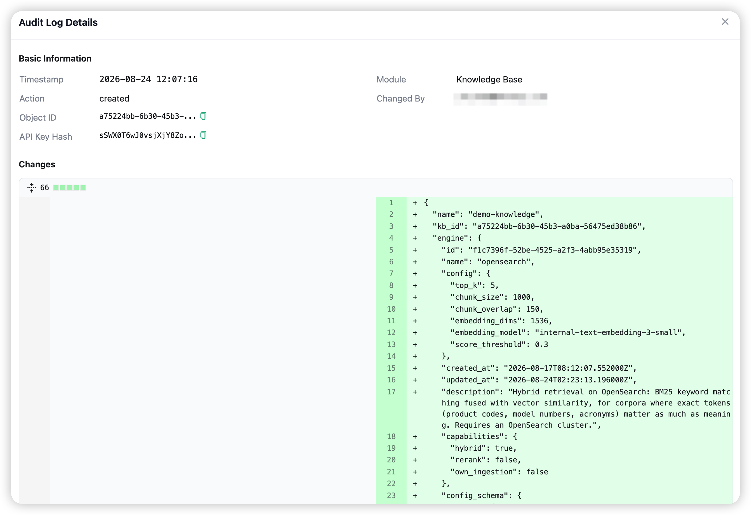 The audit log detail drawer — basic information and the before/after diff of the change