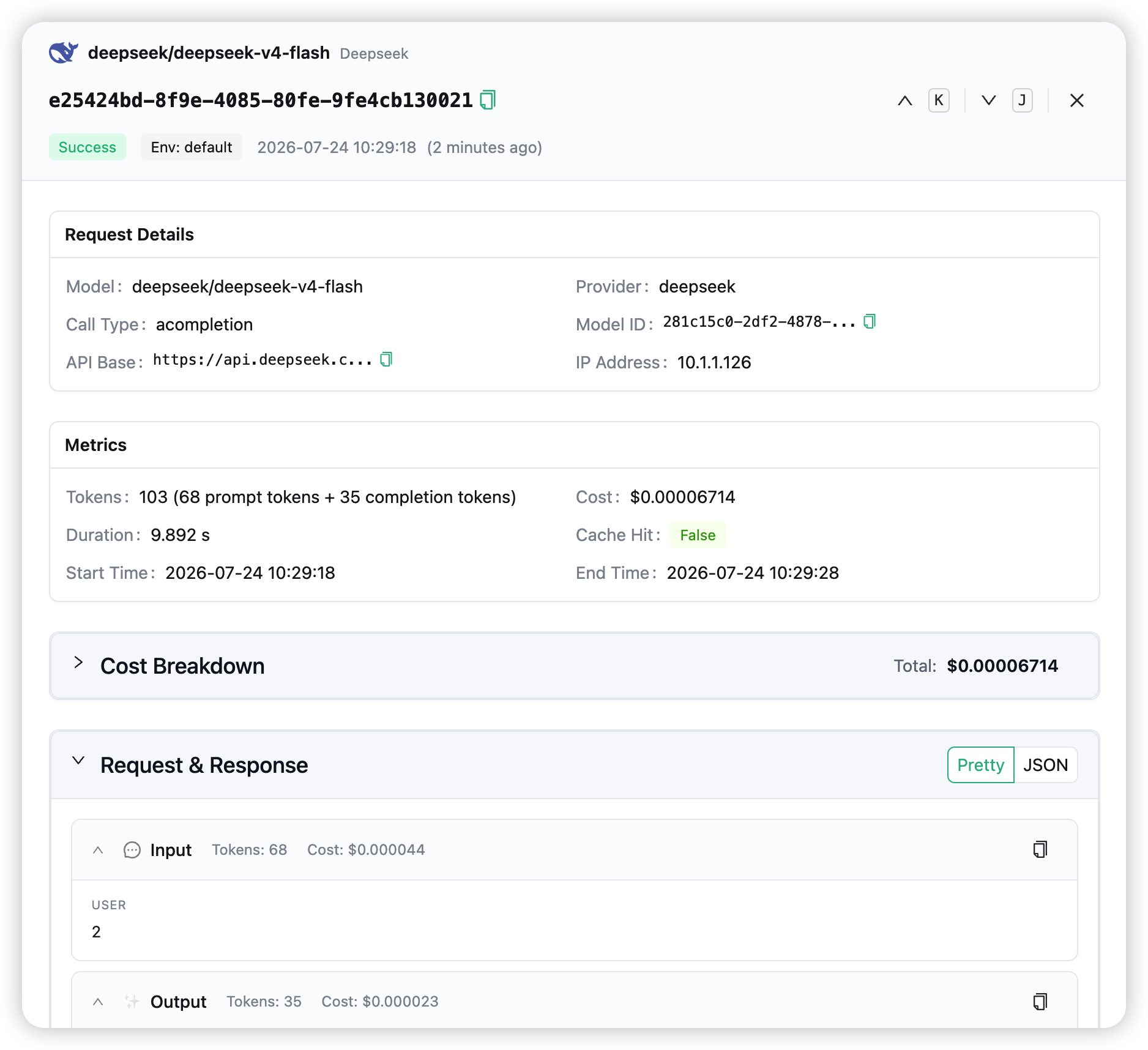 The request detail drawer — request details, metrics, and the request/response panel