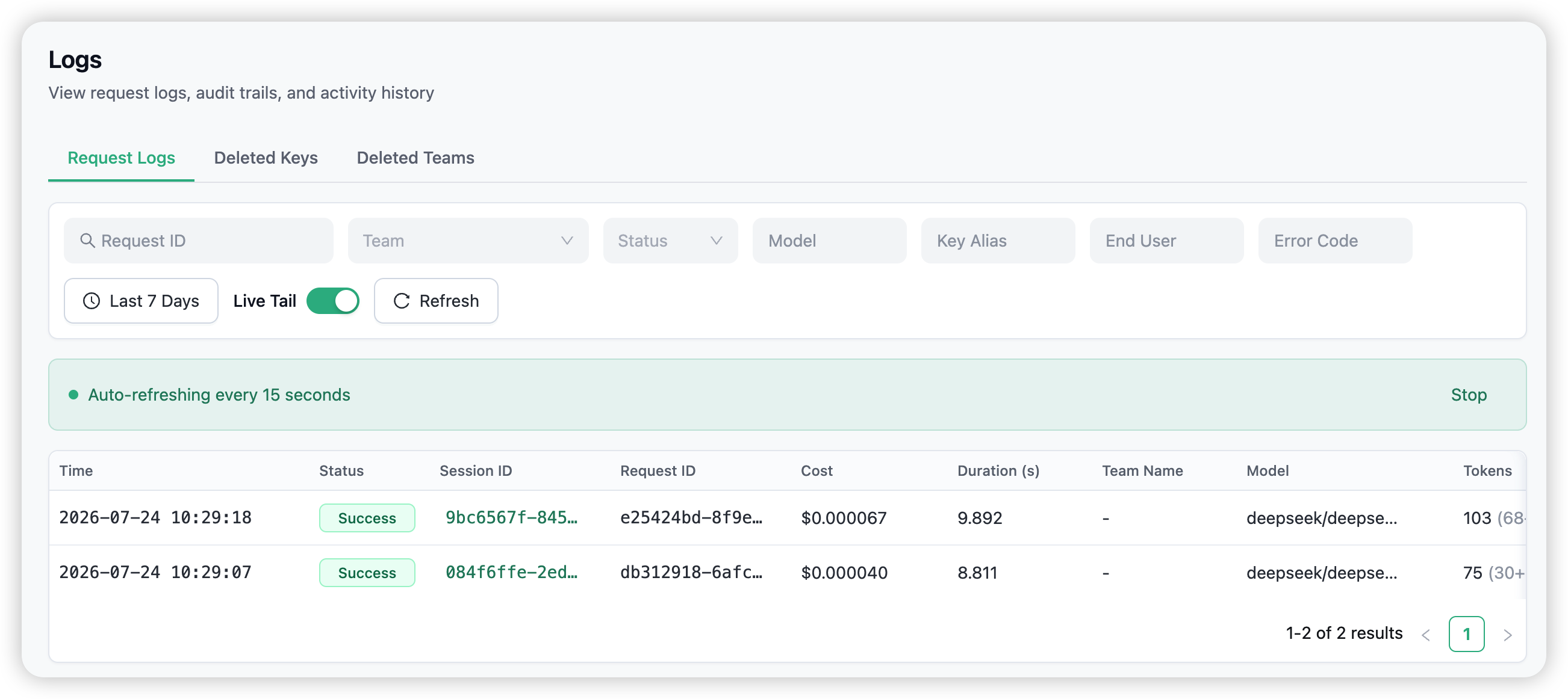 The Logs request list — live-tail table with time, status, model, tokens, cost, and a filter toolbar