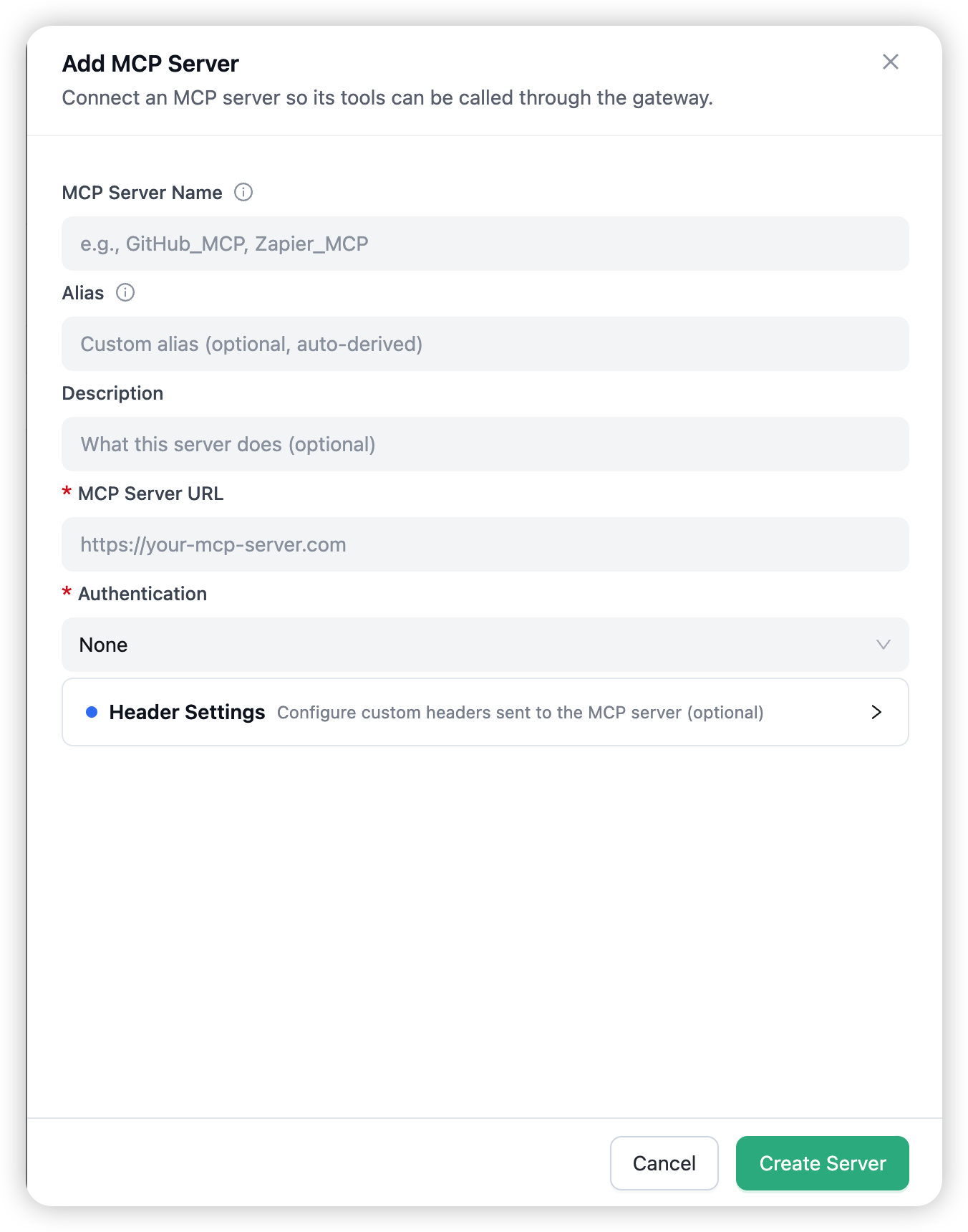 The Add MCP Server drawer — name, alias, URL, and authentication