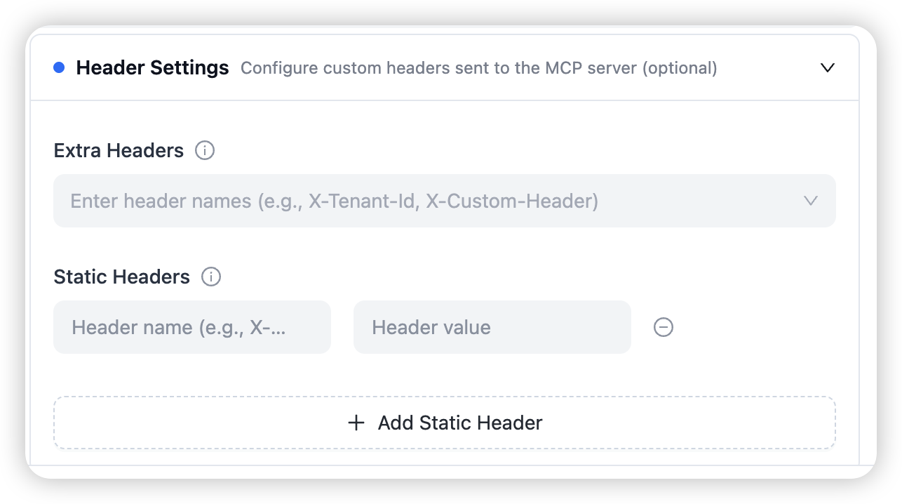 Header settings — forwarded header names and static key/value pairs