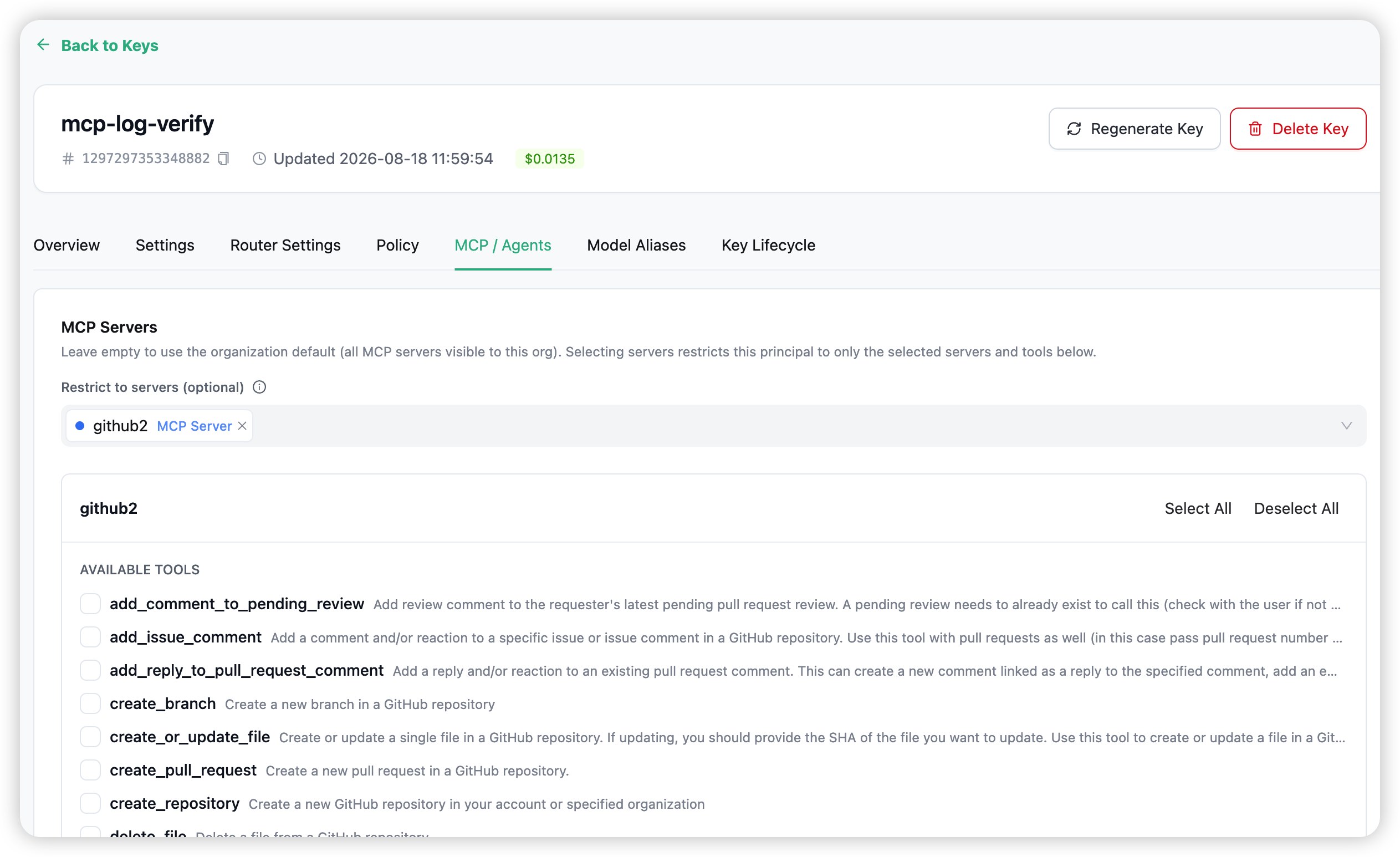 The MCP / Agents tab on a key's detail page — server set and per-tool whitelist