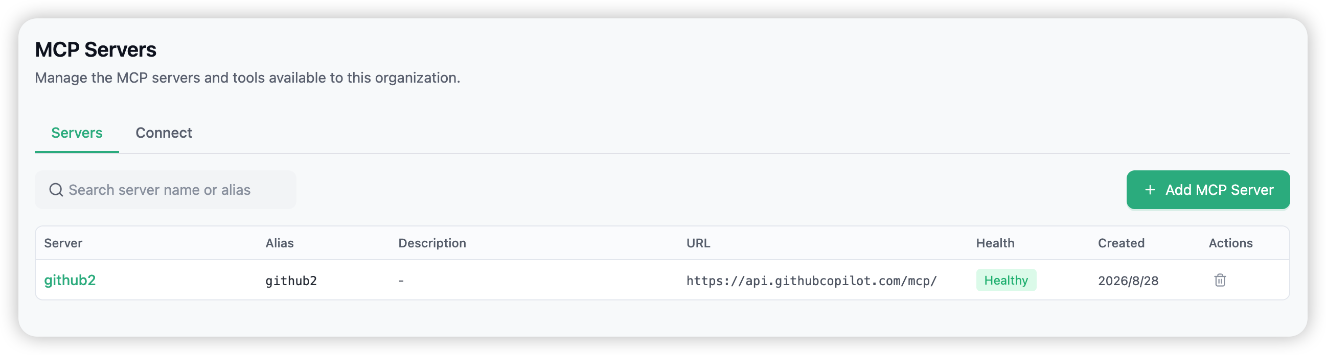 The MCP Servers page — registered servers with health status and organisation tags