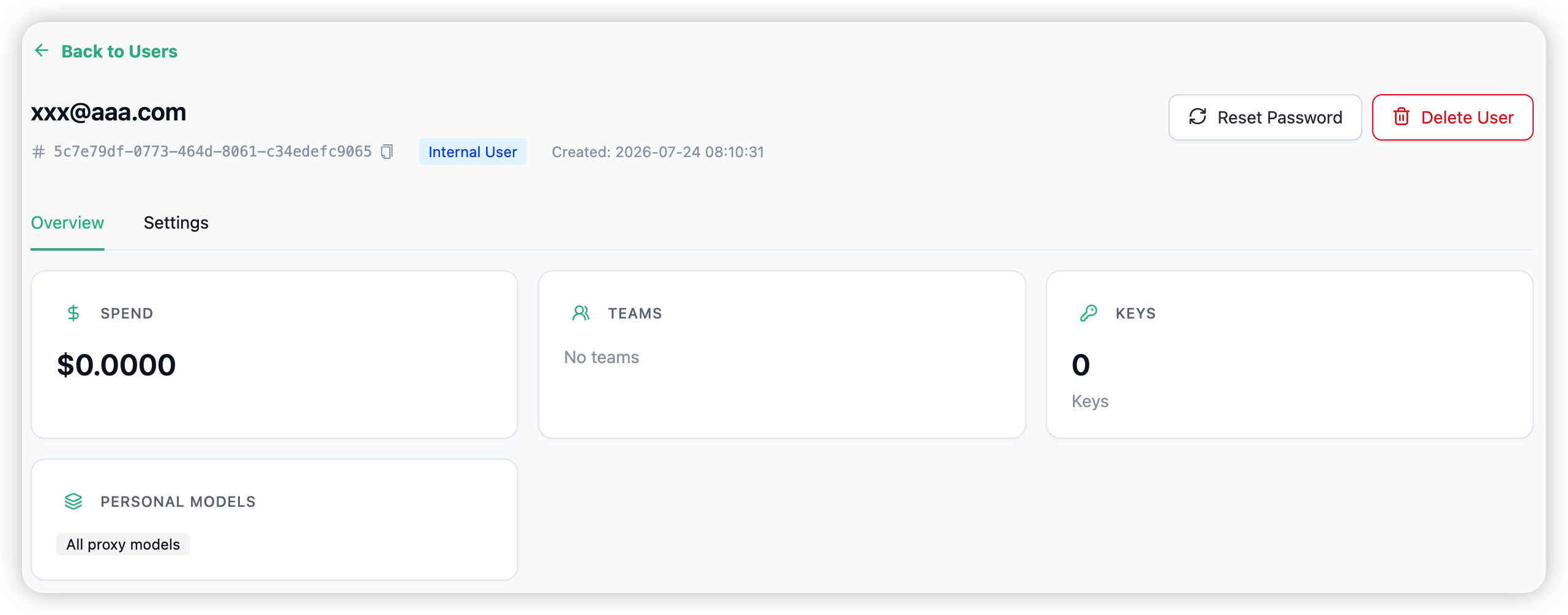 A member's detail — spend, teams, keys, and the actions an org admin can take