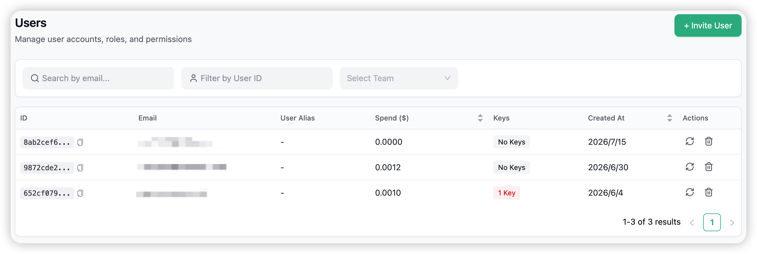 The Members list — email, spend, keys, and joined date for everyone in the organization