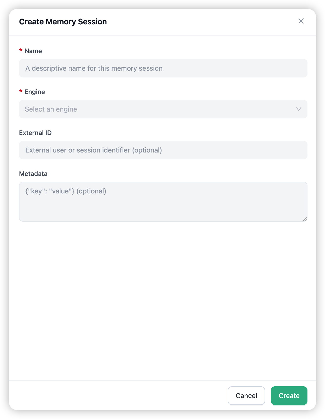 The Create Session drawer — name, engine, external ID, and metadata