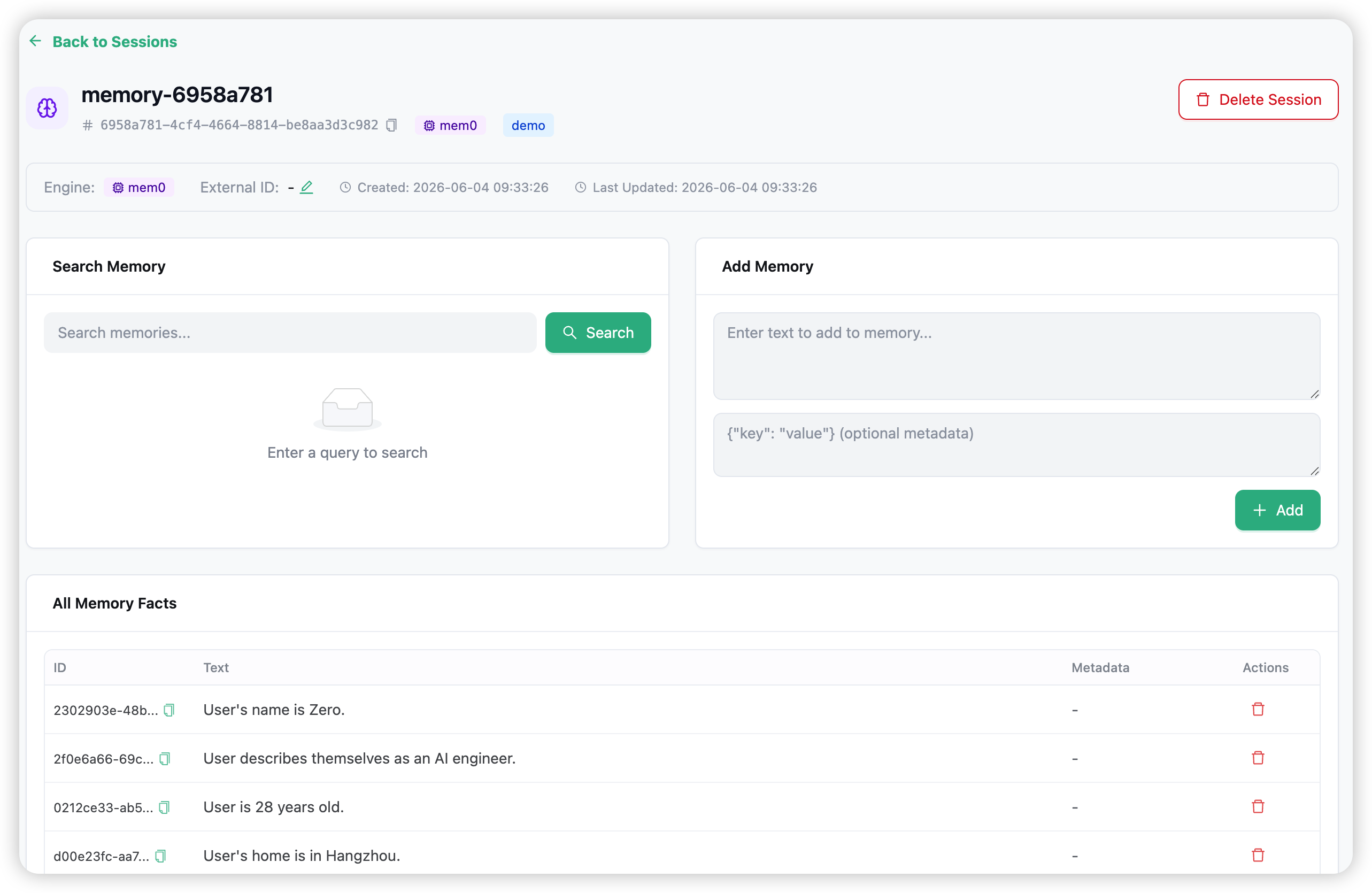A memory session detail view — search, add-fact, and the stored-facts table