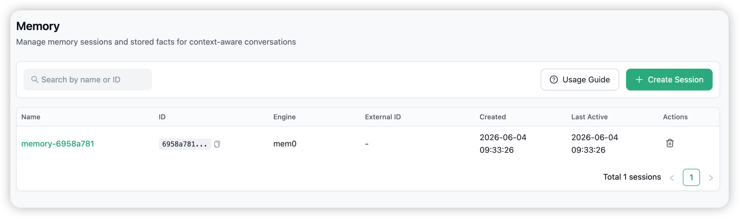 The Memory sessions list, with the Create Session button