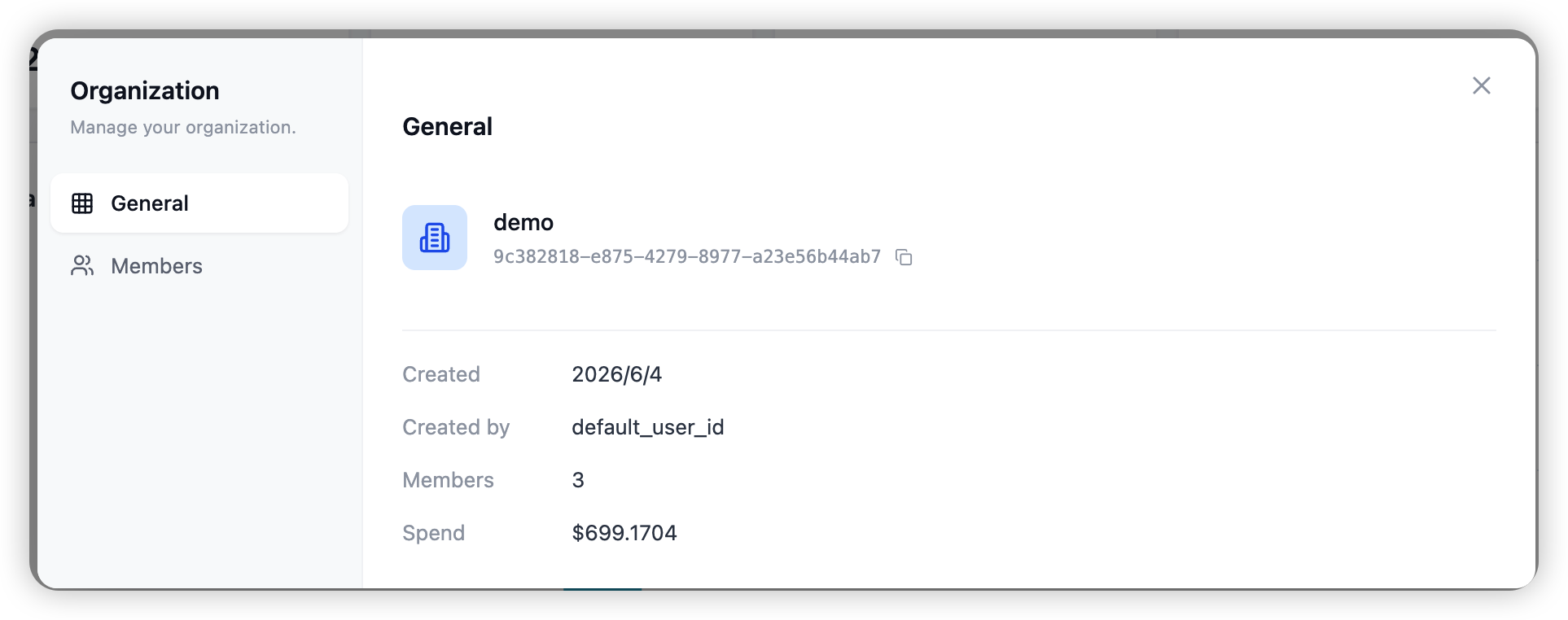 The Manage Organization window — General tab with the organization profile, ID, member count, and spend