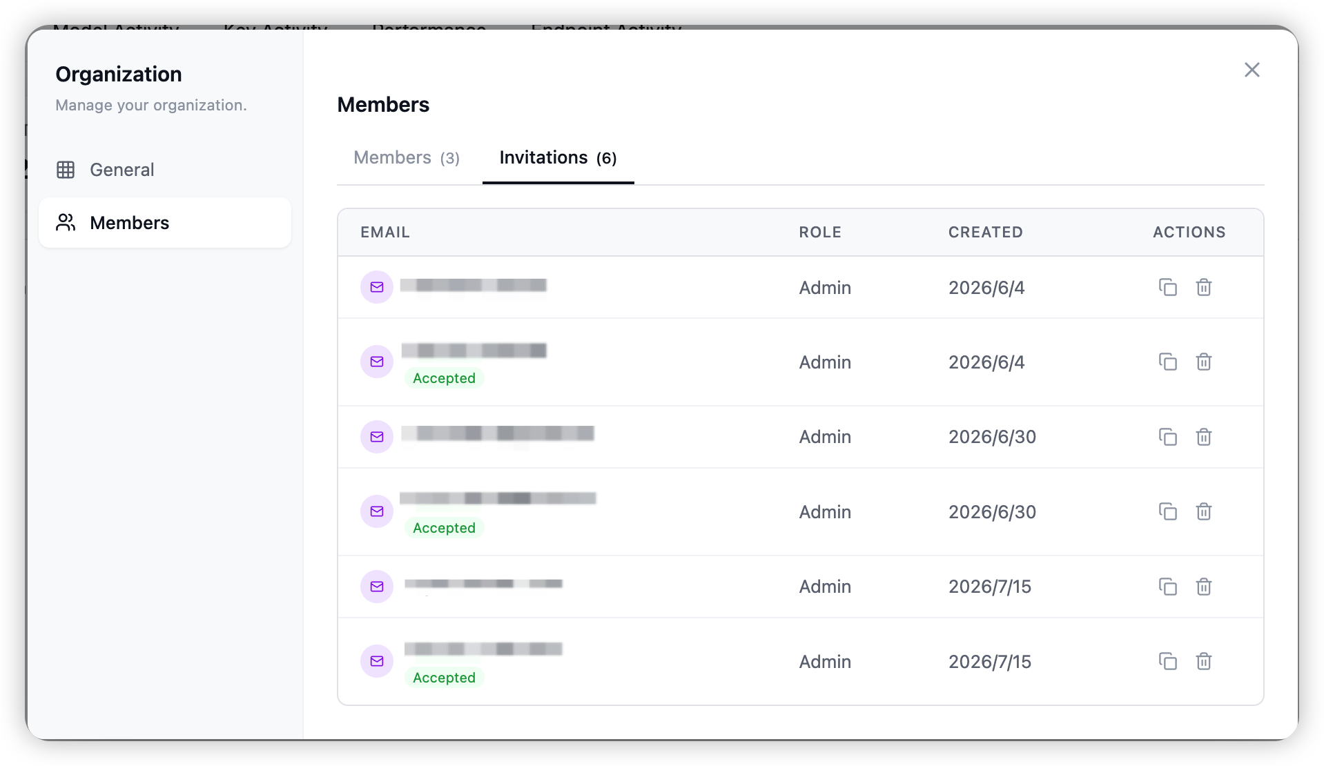 The Manage Organization window — Invitations sub-tab listing pending invitation links