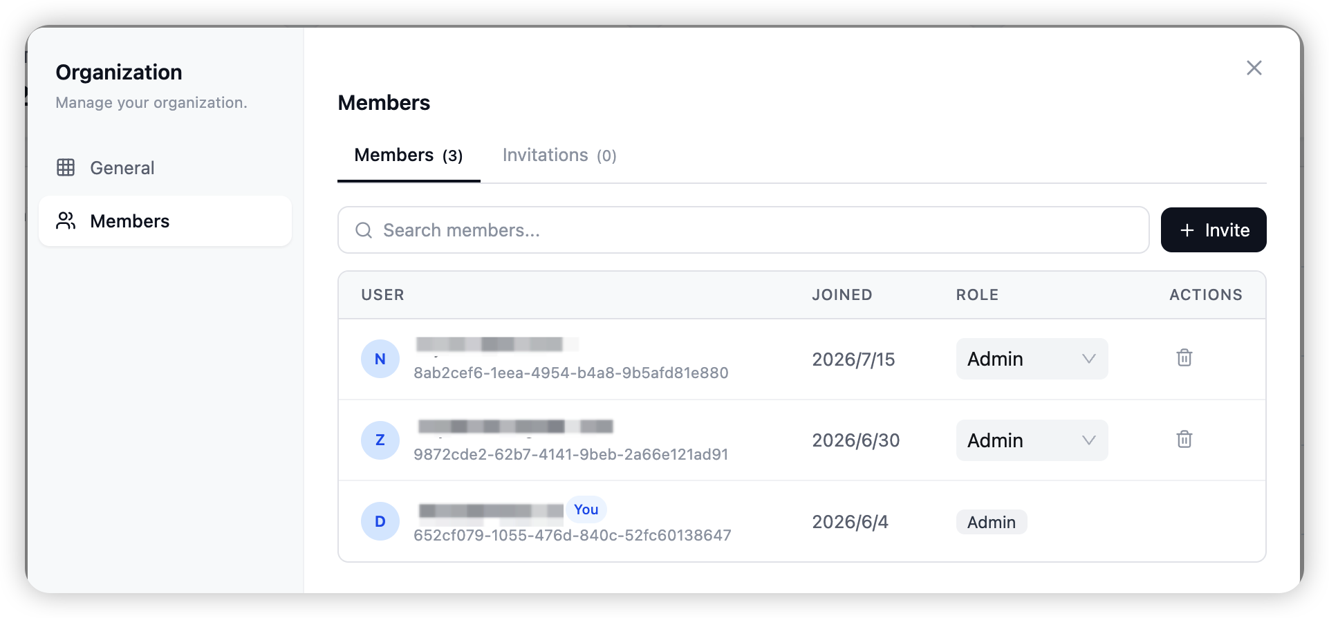 The Manage Organization window — Members tab with search, inline role, remove, and invite
