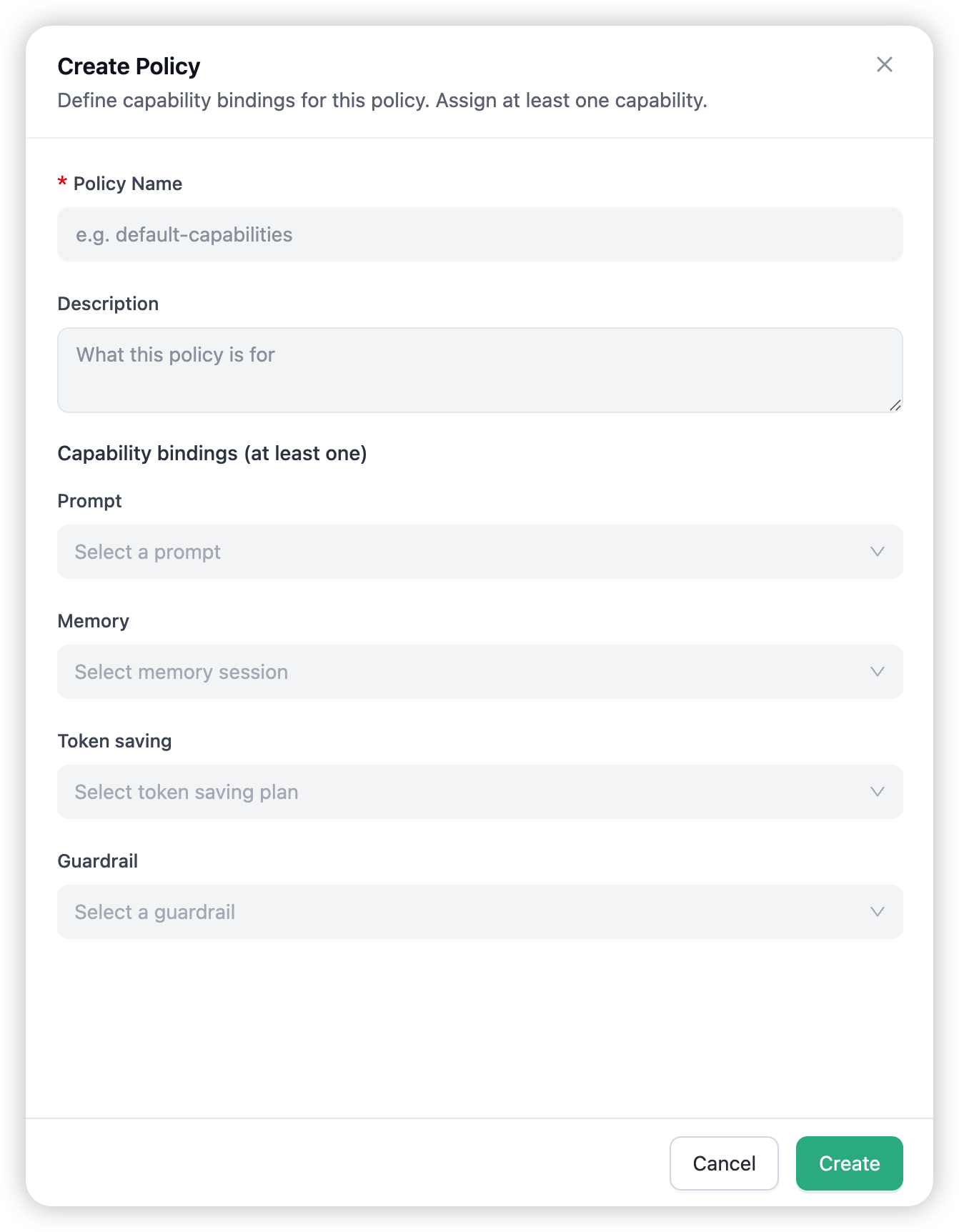 The Create Policy drawer — name, description, and the capability selectors