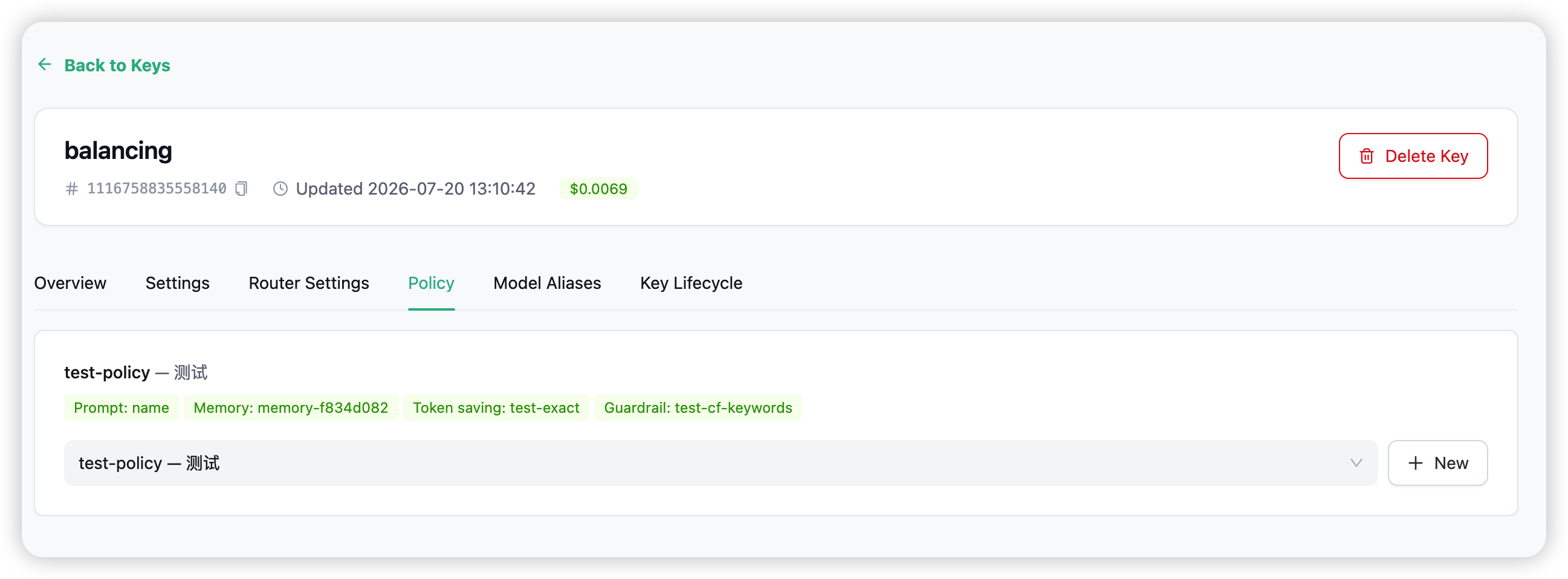 The Policy tab on a key's detail page