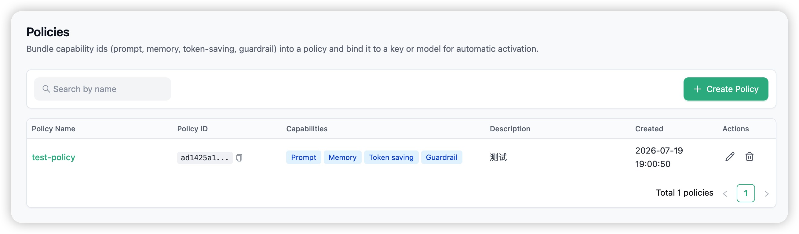 The Policies list page, with the Create Policy button