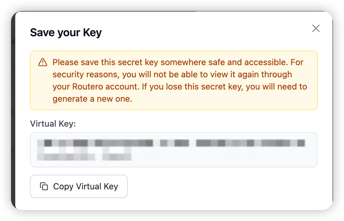 The Save your Key dialog — copy the virtual key, shown only once