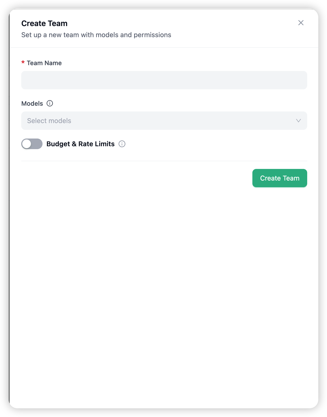 The Create Team drawer — name, model access, and optional budget and rate limits