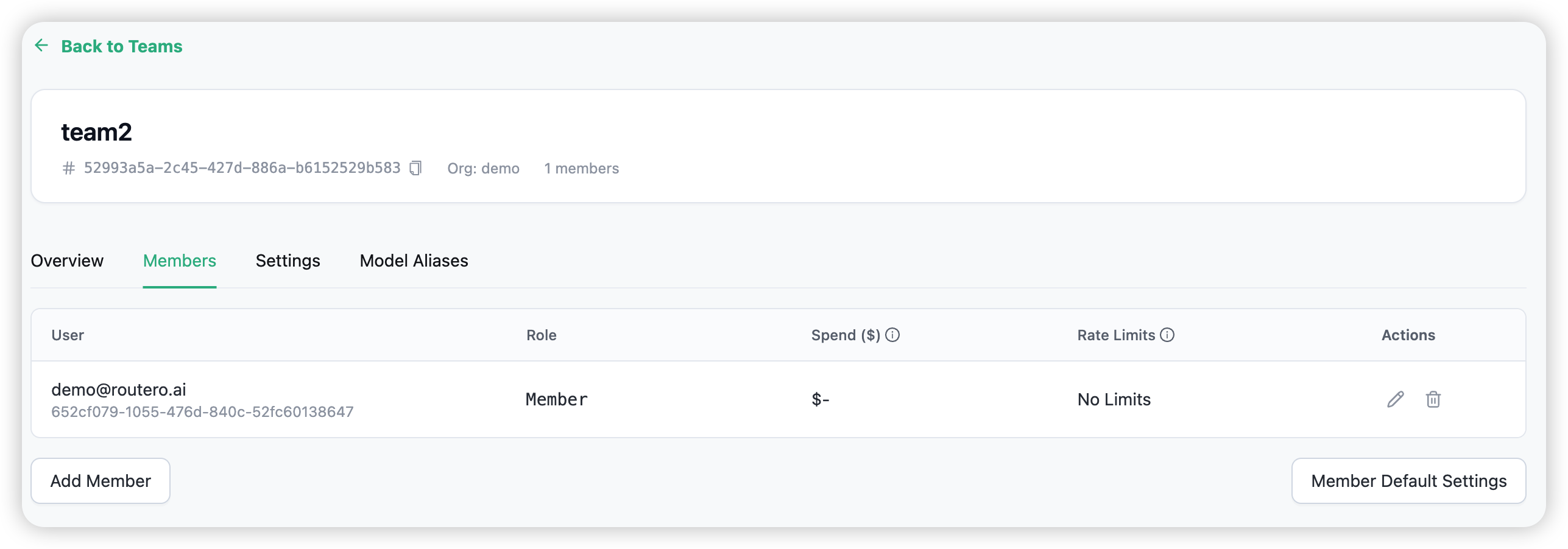 Team detail — Members tab: add, edit role and limits, or remove members