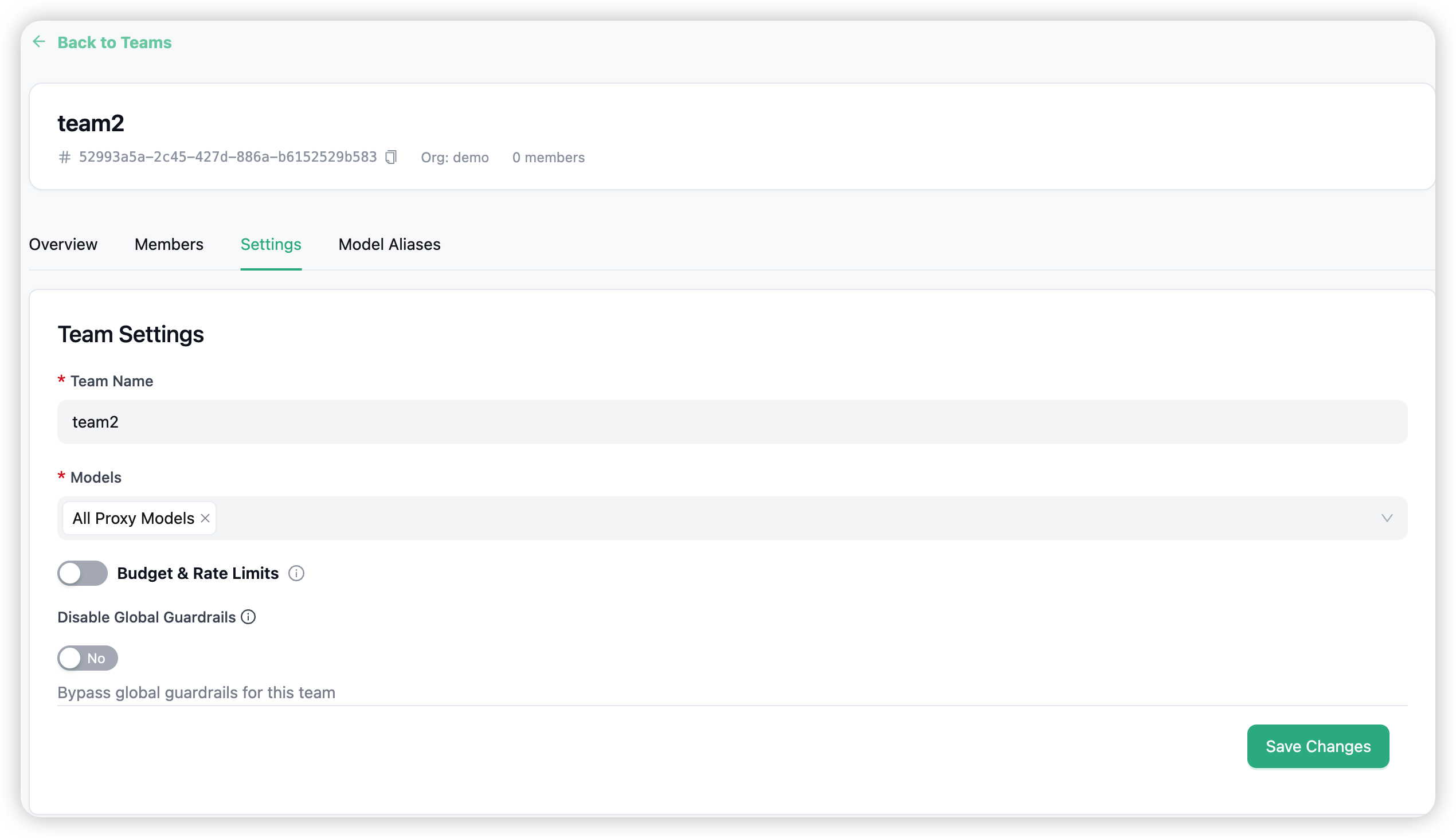 Team detail — Settings tab: name, models, budget, rate limits, and permissions