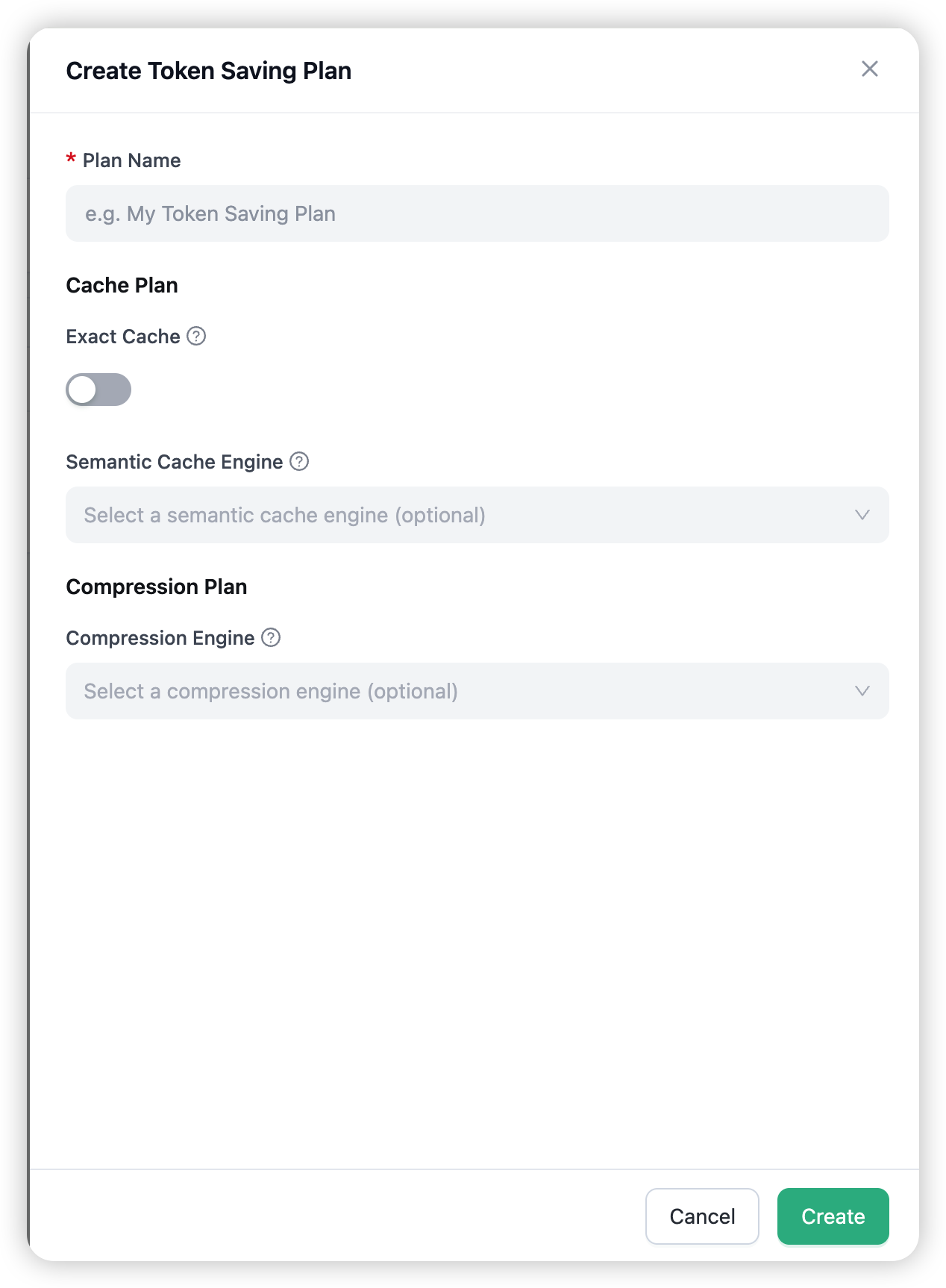 The Create Token Saving Plan drawer — cache plan and compression plan sections