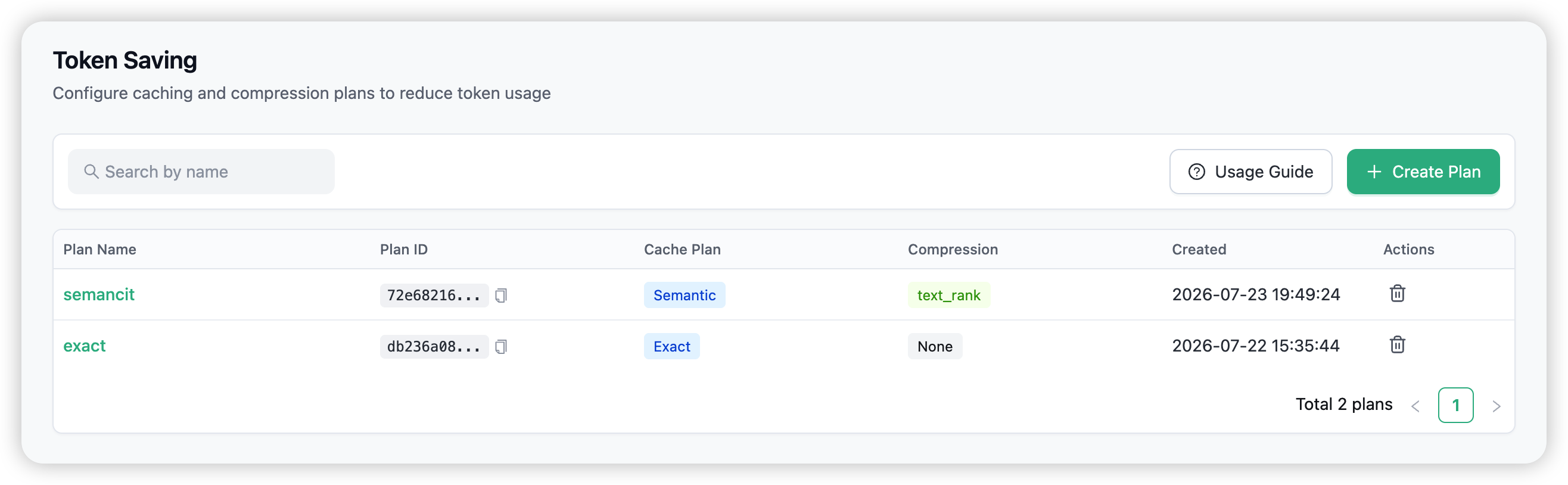 The Token Saving plans list, with the Create Plan button