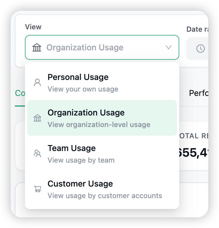 The Usage View selector — Organization, Team, Customer, Personal — with the date-range picker