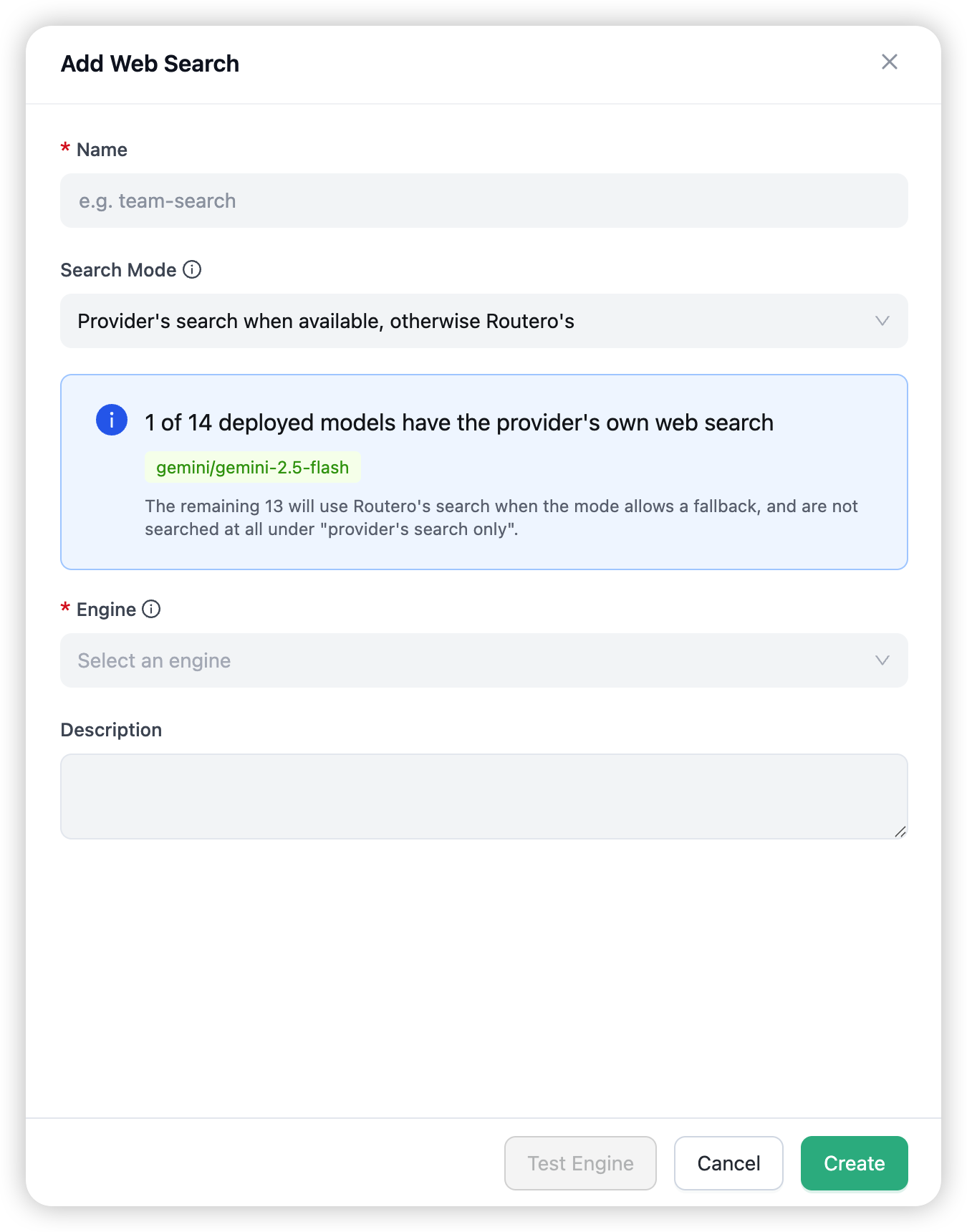 The Add Web Search form — name, search mode, engine picker, depth and domain filters
