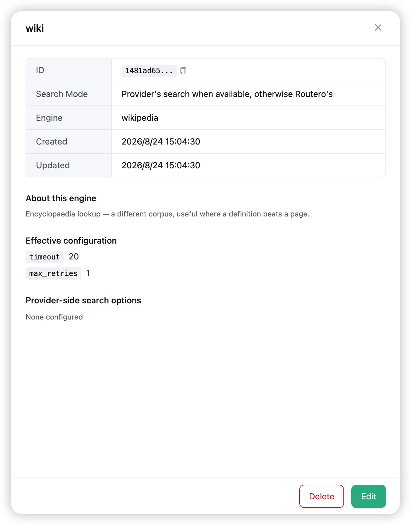 The web search detail drawer — mode, engine, and effective settings