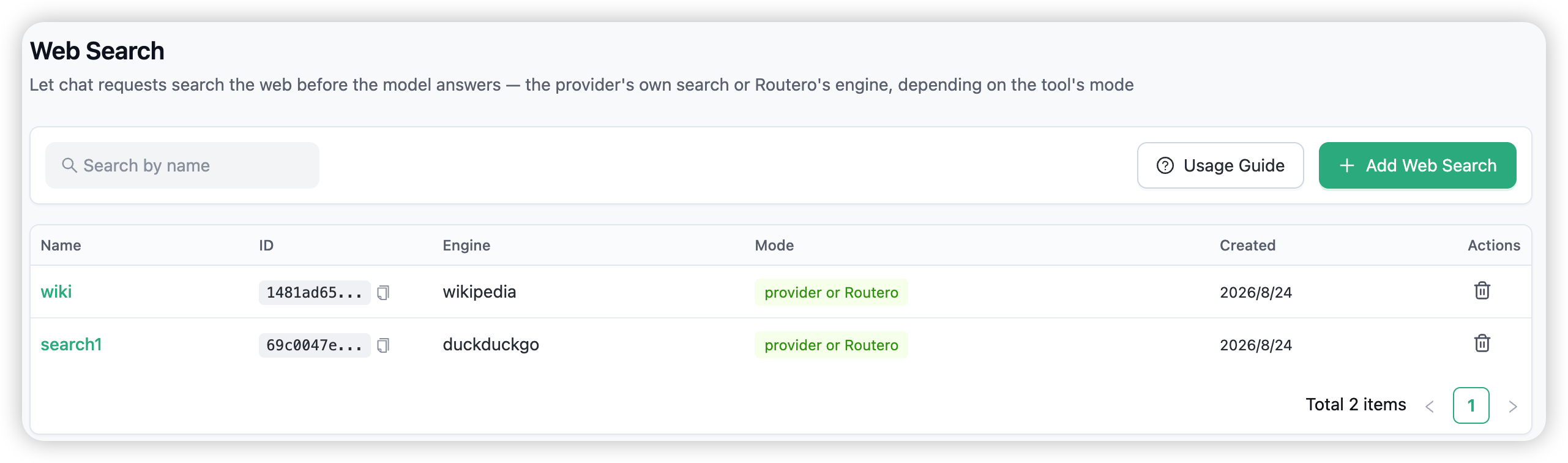 The Web Search page — tools with engine, mode, and organisation columns